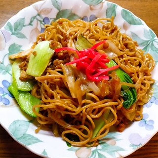 青梗菜と揚げ玉入り焼きそば